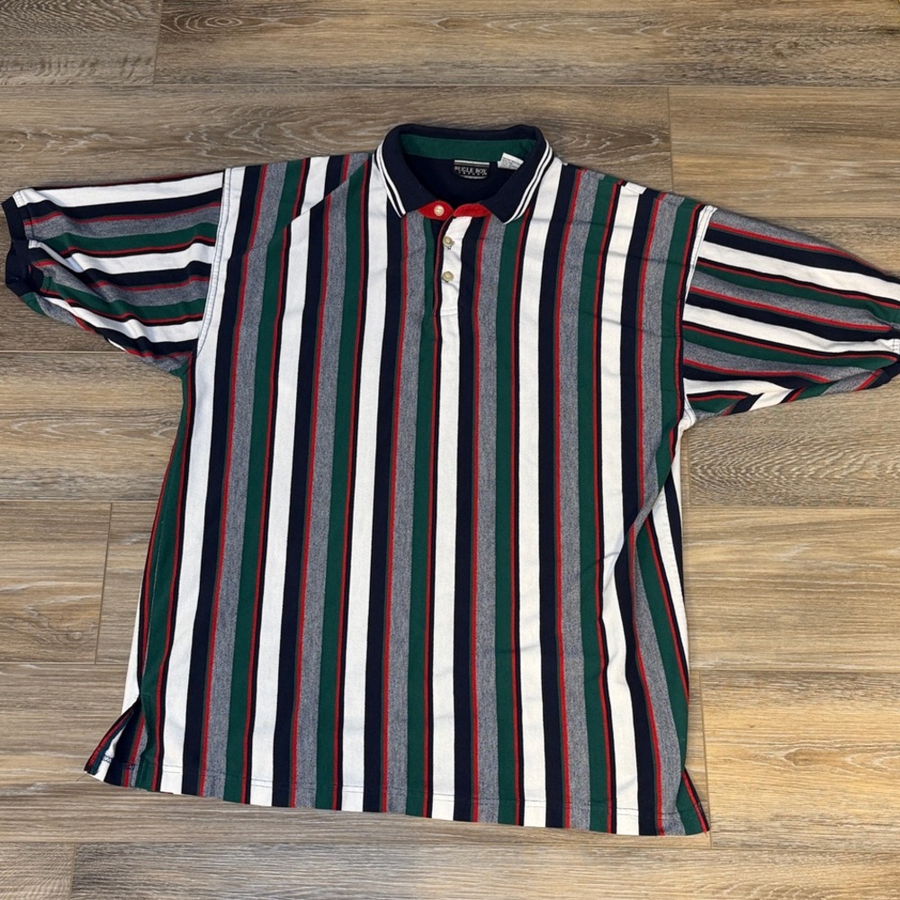 Bugle Boy 1990’s Vintage Men's Striped Polo Shirt - Green, Red, White, Navy